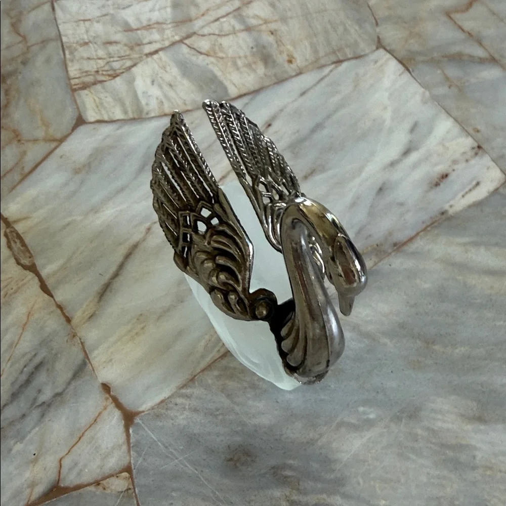 Vintage Frosted Glass Silver Tone Swan Figurine Articulated Filigree Wings